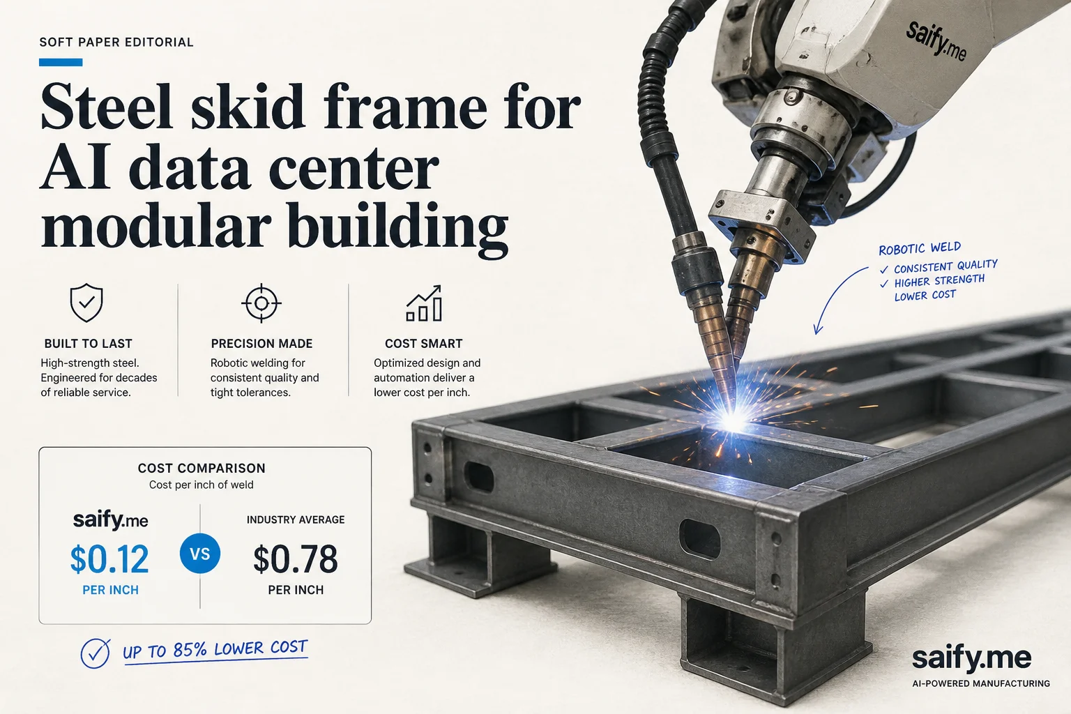 Steel skid for modular data center build with robotic welding cost comparison per inch