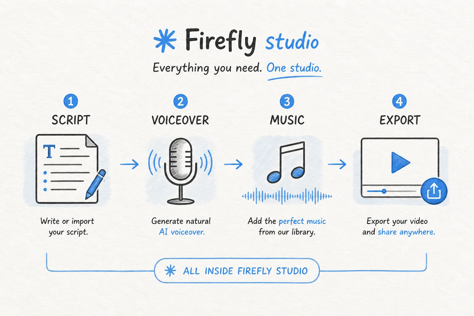 Video creator pipeline inside Firefly studio from script to voiceover music and export
