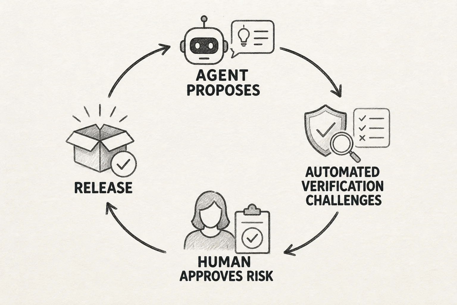 Trust but verify loop: agent output, automated verification, human risk approval