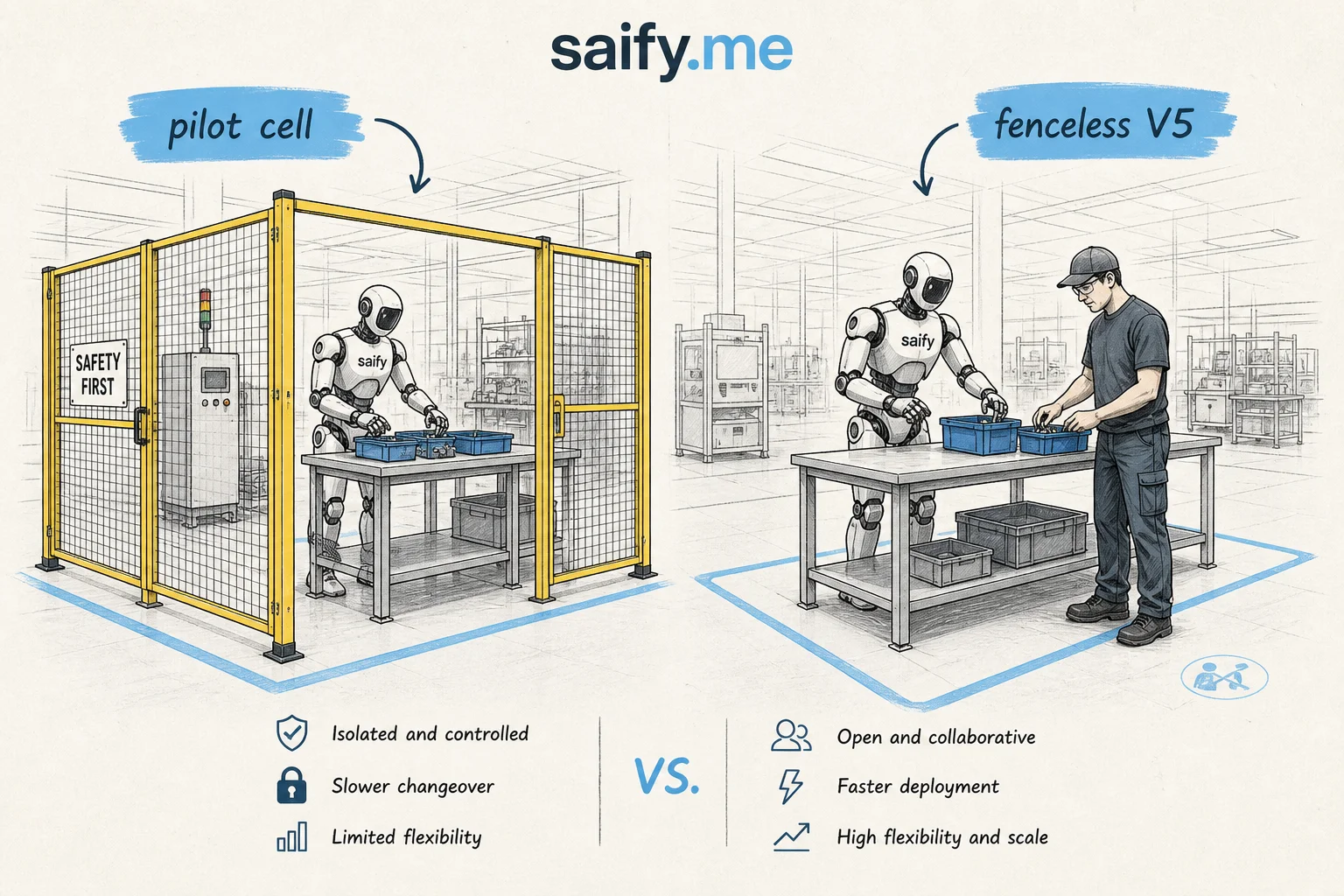 Factory floor comparison between fenced humanoid pilot cell and open floor humanoid working beside a worker