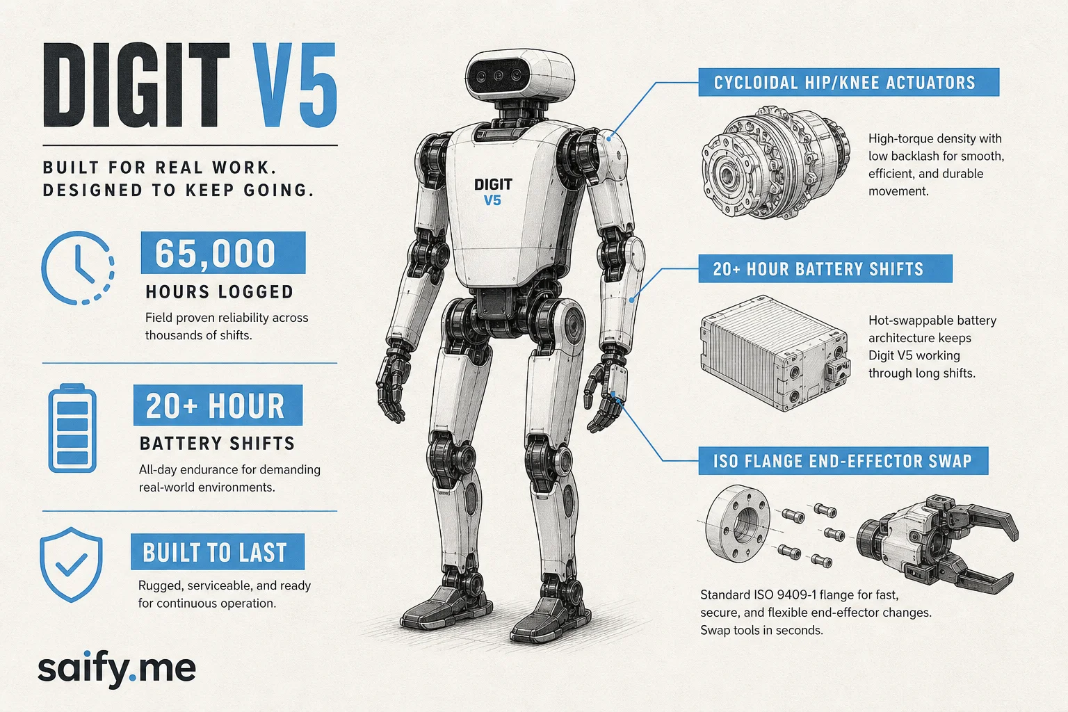 Digit V5 specifications infographic showing 65,000 hours logged, 20 hour shifts, cycloidal actuators, and ISO flange tooling