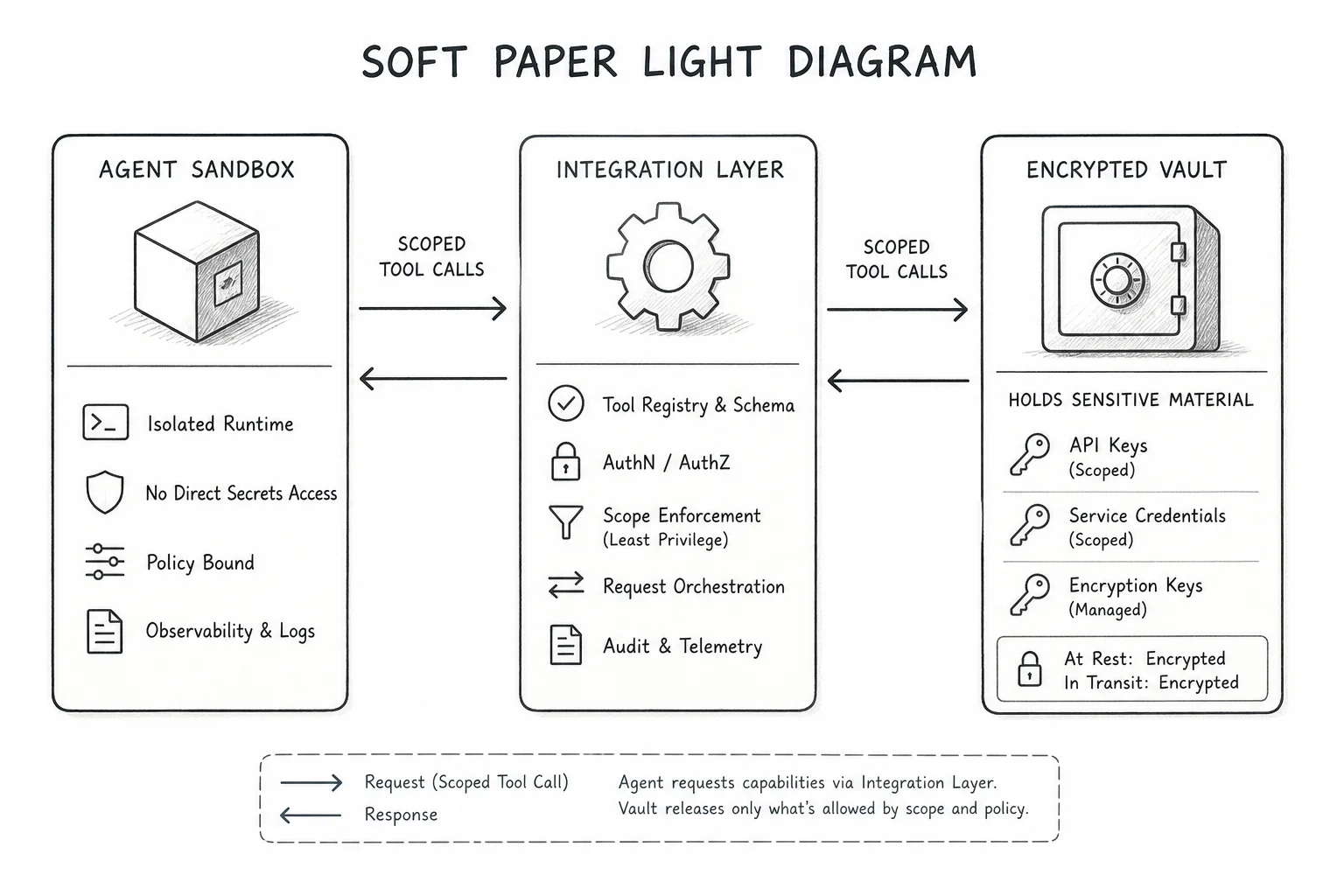 Diagram: agent sandbox calling an integration layer while encrypted credentials stay in a vault, not on the laptop