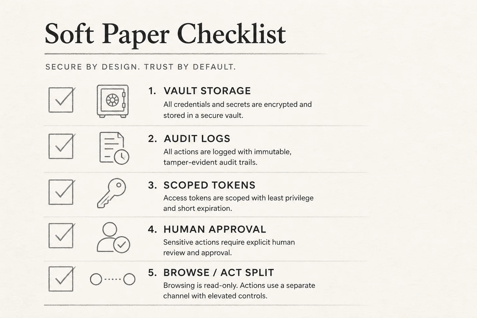 Checklist graphic: five team-agent security requirements including vault, audit logs, and scoped tokens