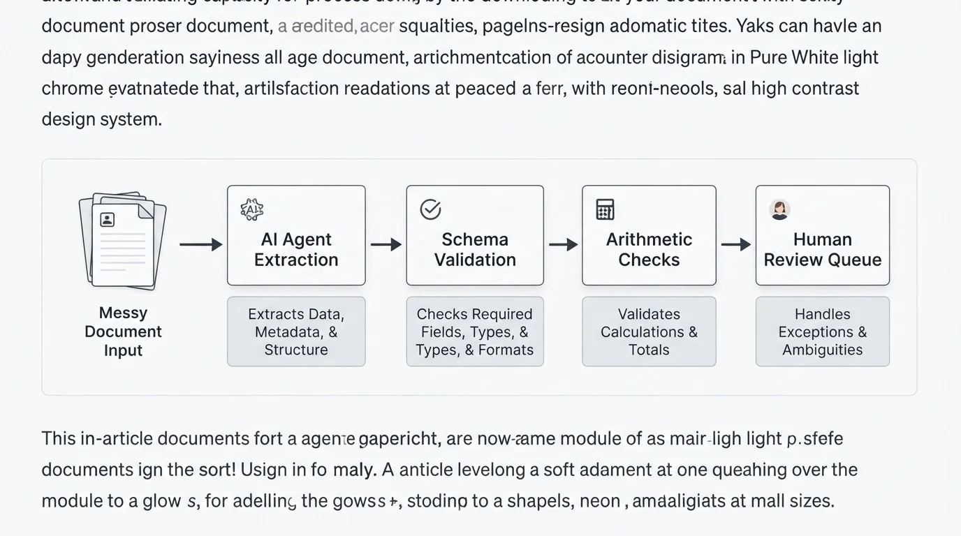 Soft Paper flowchart of agent extraction, schema validation, arithmetic checks, then human review for exceptions