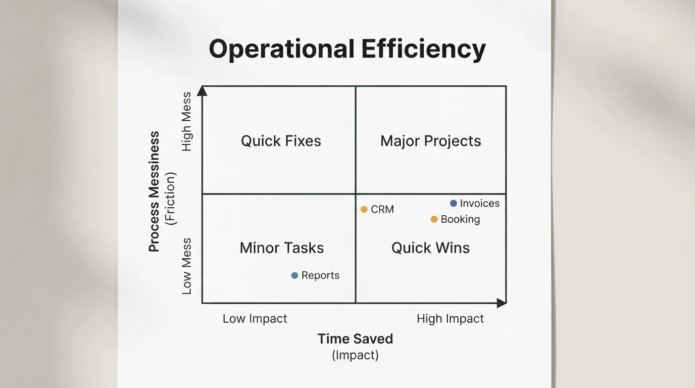 Priority matrix scoring SME automations by hours saved versus process messiness