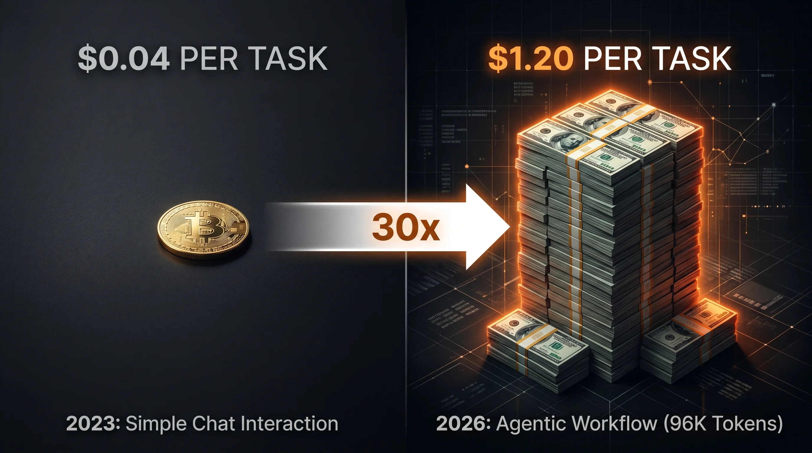 Visual illustration showing a dramatic contrast: a tiny $0.04 coin from 2023 next to a stack of bills totaling $1.20 in 2026, with the label '30x cost per AI task'