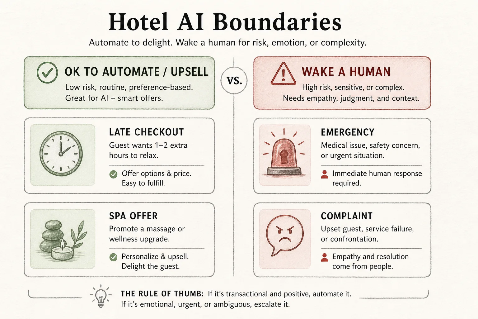 Soft Paper diagram of hotel AI upsell moments versus red-list events that must escalate to staff