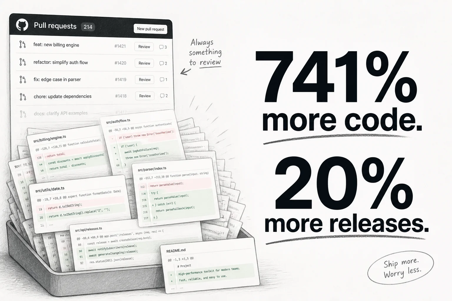 AI agents write 741% more code. Releases rise 20%. Here's the data.