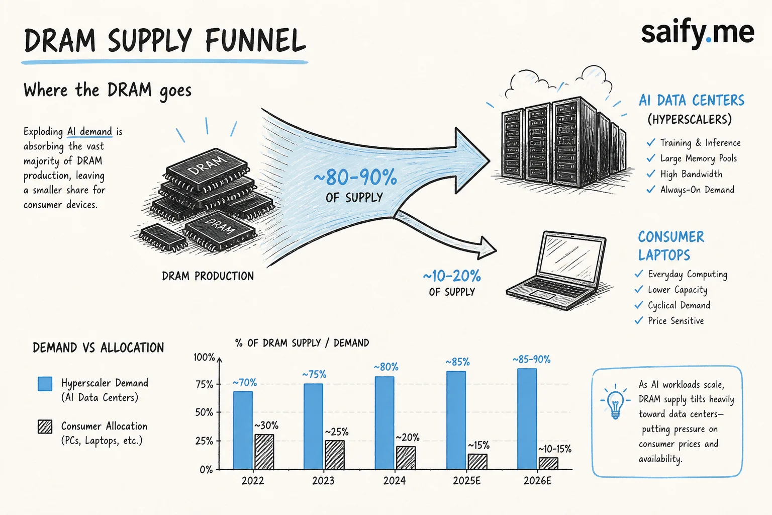 Diagram showing AI data centers consuming DRAM supply while consumer laptop allocation shrinks