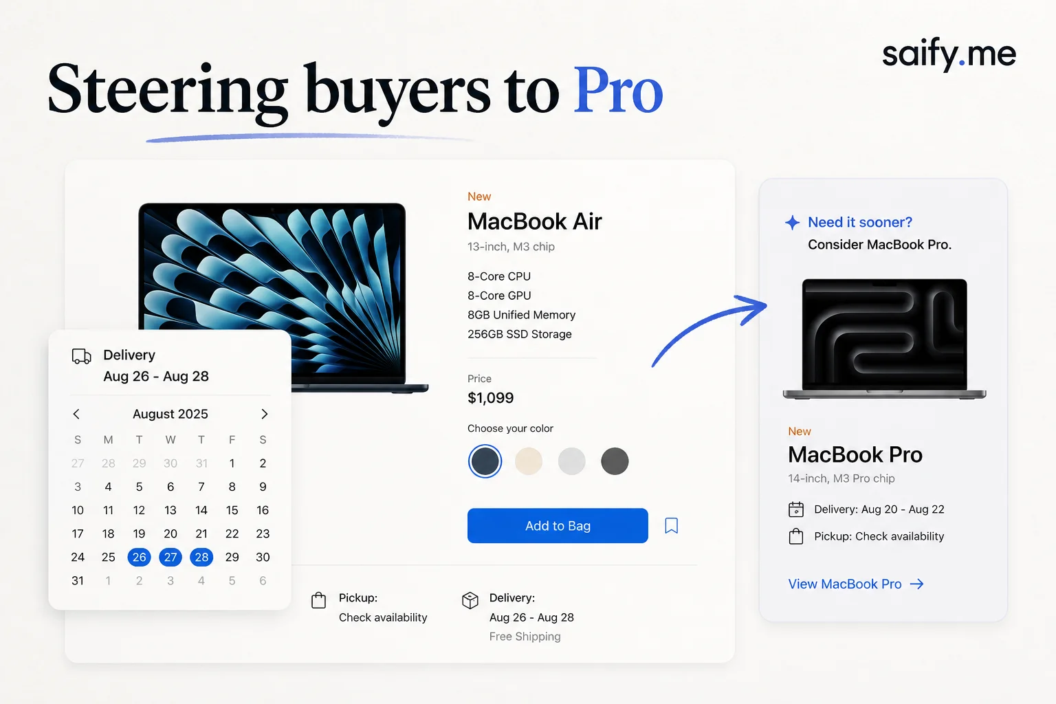 MacBook Air listing showing late August delivery dates with Apple steering buyers toward MacBook Pro