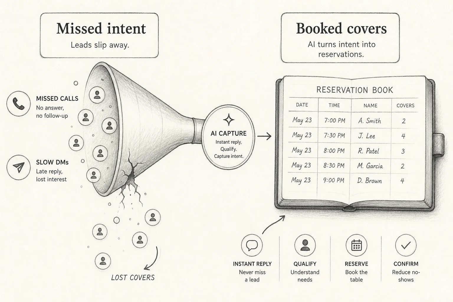 Soft Paper diagram of restaurant cover leak from missed calls and slow DMs versus AI capture into reservations