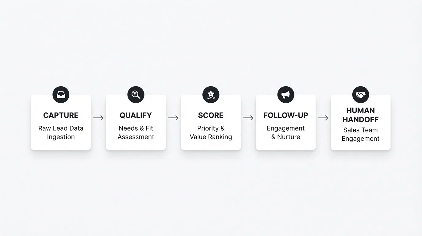 Lead pipeline diagram showing capture, qualify, score, follow-up, and human handoff stages