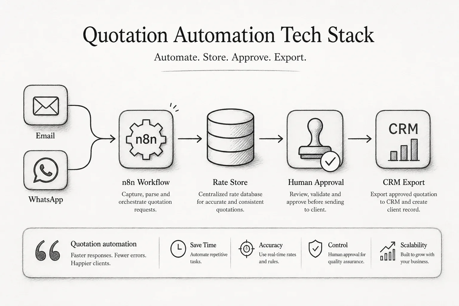 Stack diagram showing WhatsApp email into n8n, rate store, human approval, and CRM export