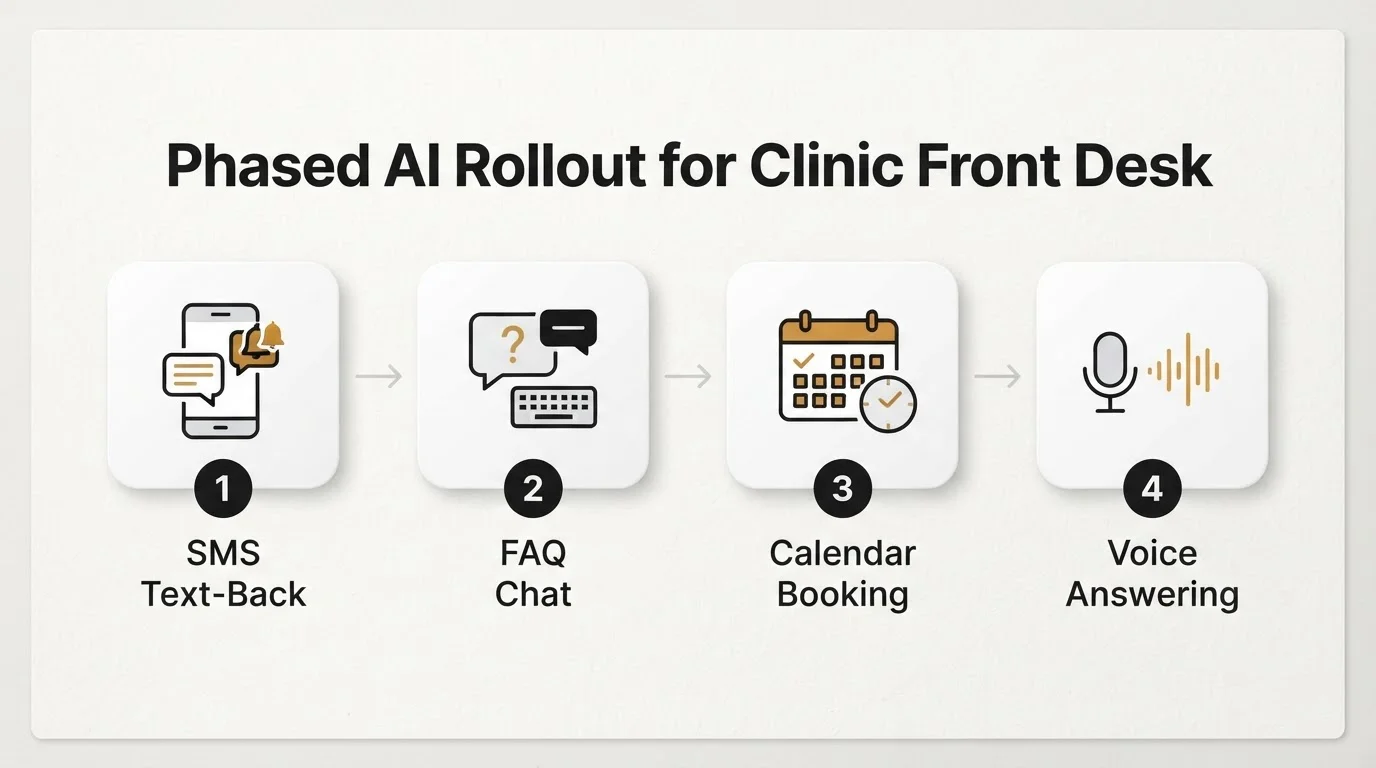 Light Soft Paper illustration of a phased rollout: SMS text-back, then booking, then voice answering for a clinic front desk