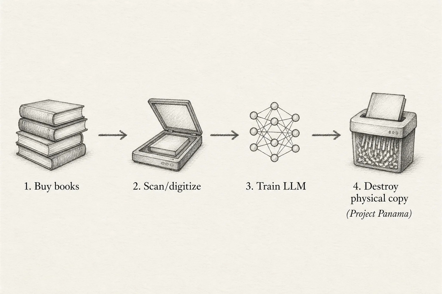 Flow diagram from book purchase through digitization to model training under Project Panama
