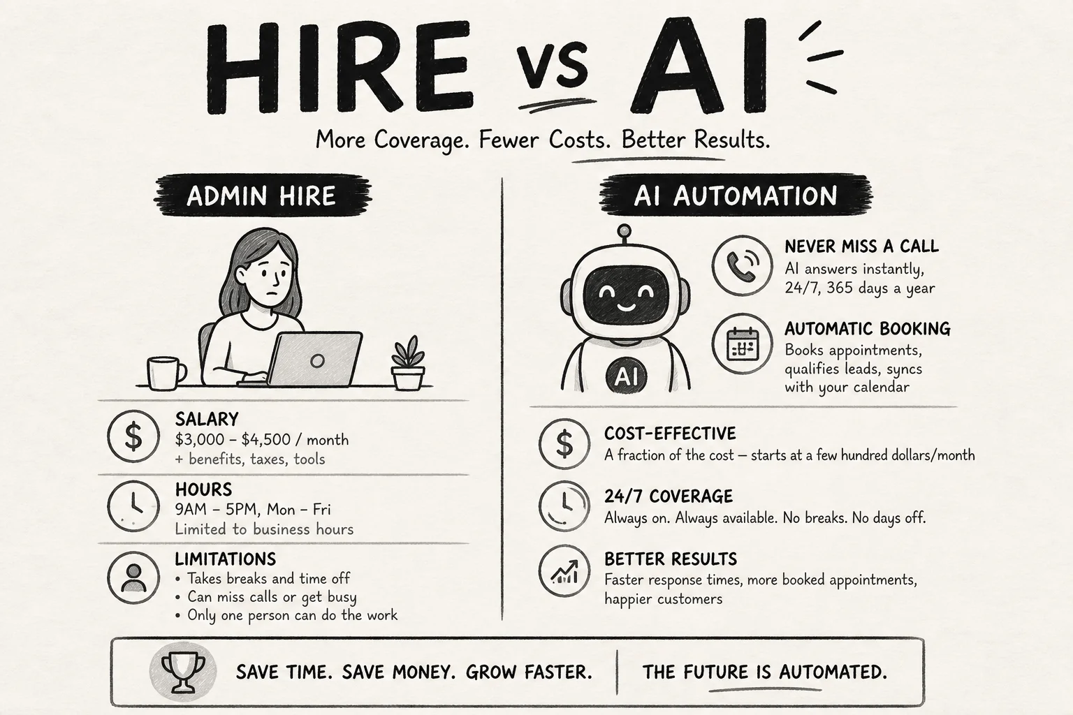 Soft Paper diagram comparing admin hire costs versus AI automation coverage for SMB front desk work