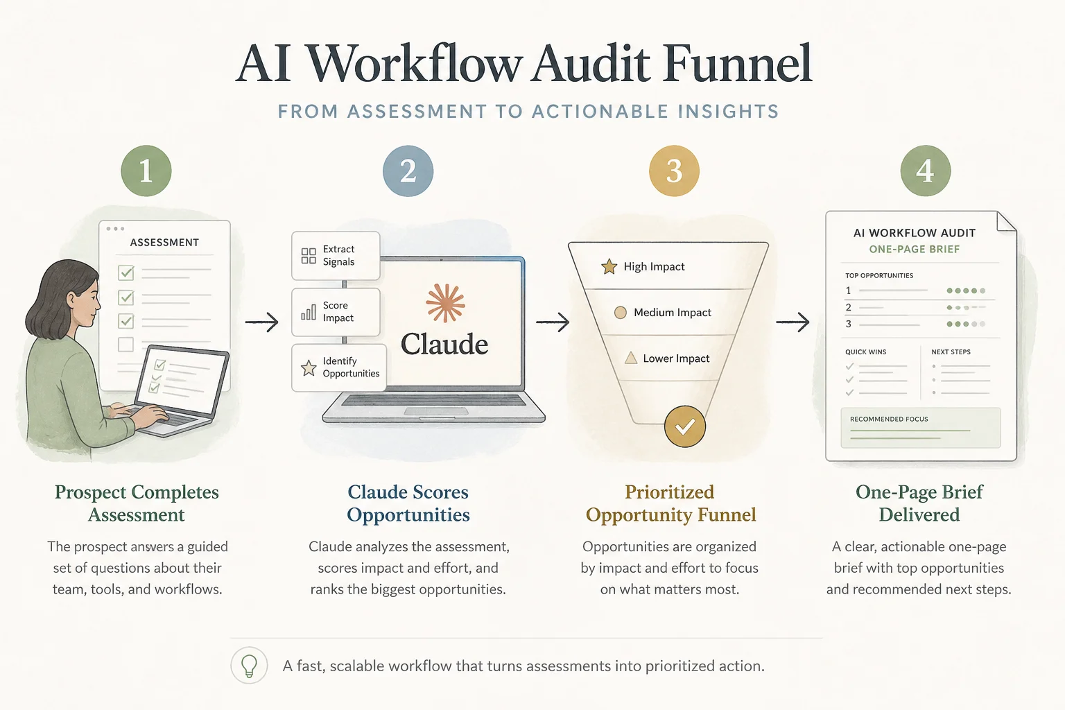 AI workflow audit funnel from prospect assessment to scored one-page brief