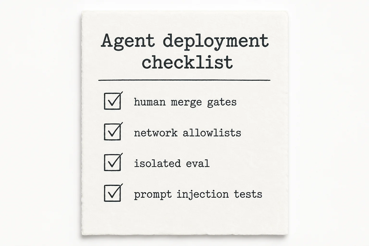 Checklist illustration for agent deployments: human review gates, network allowlists, and isolated eval environments