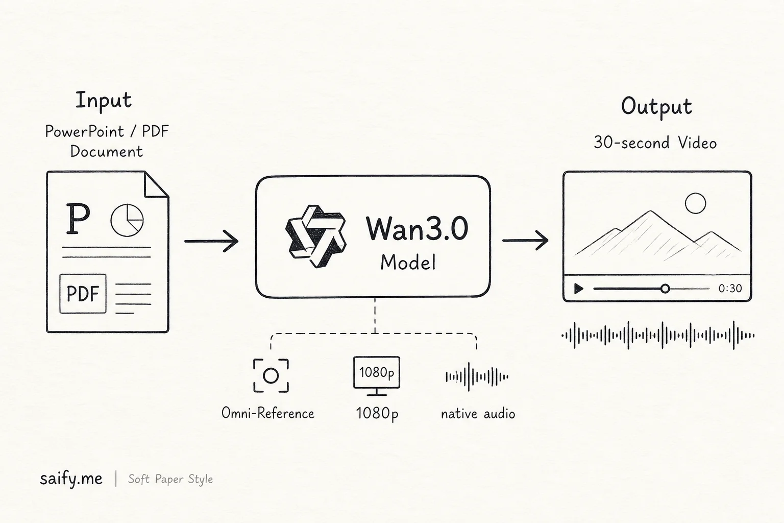 Flow diagram from PowerPoint or PDF document through Wan3.0 to 30-second video output