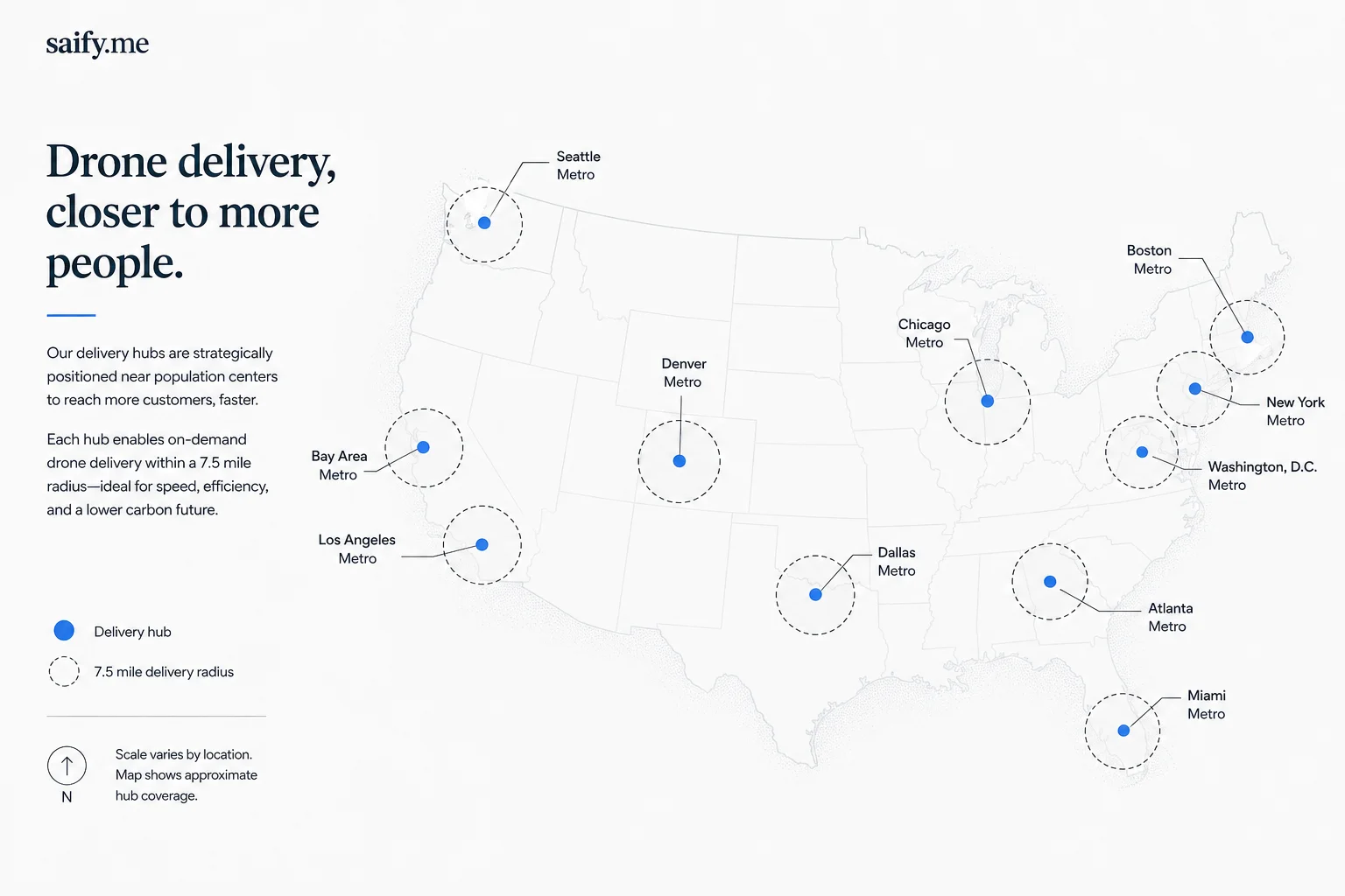 Prime Air hub model: 7.5 mile radius circles serving multiple suburban towns