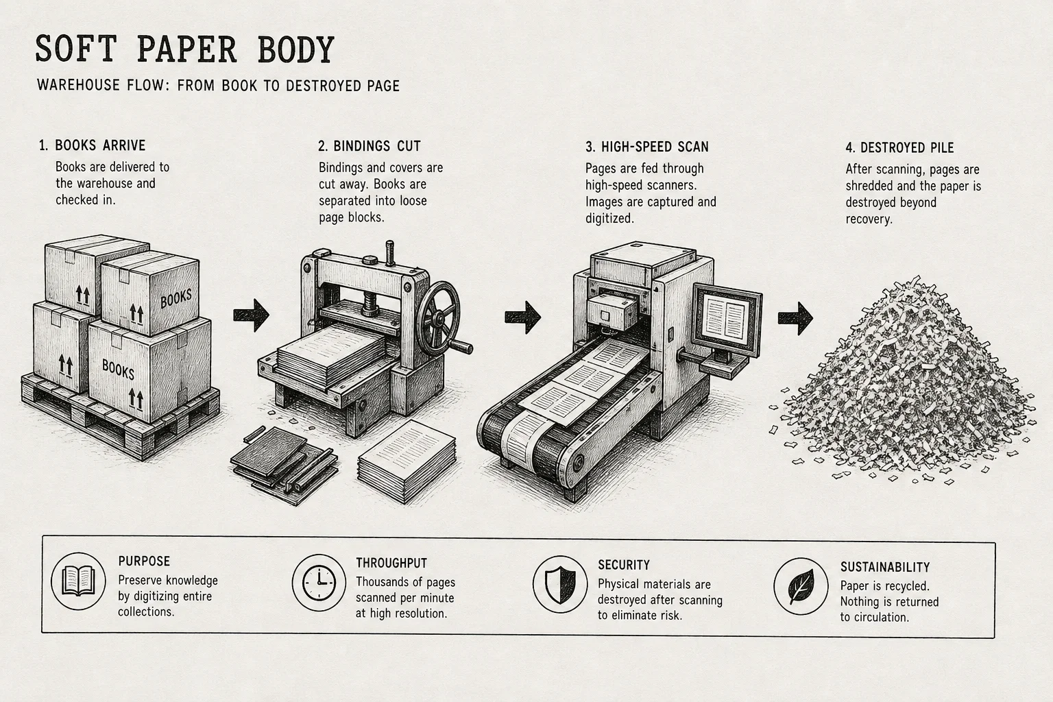 Warehouse flow diagram from book arrival through binding removal and scanning to discarded pages