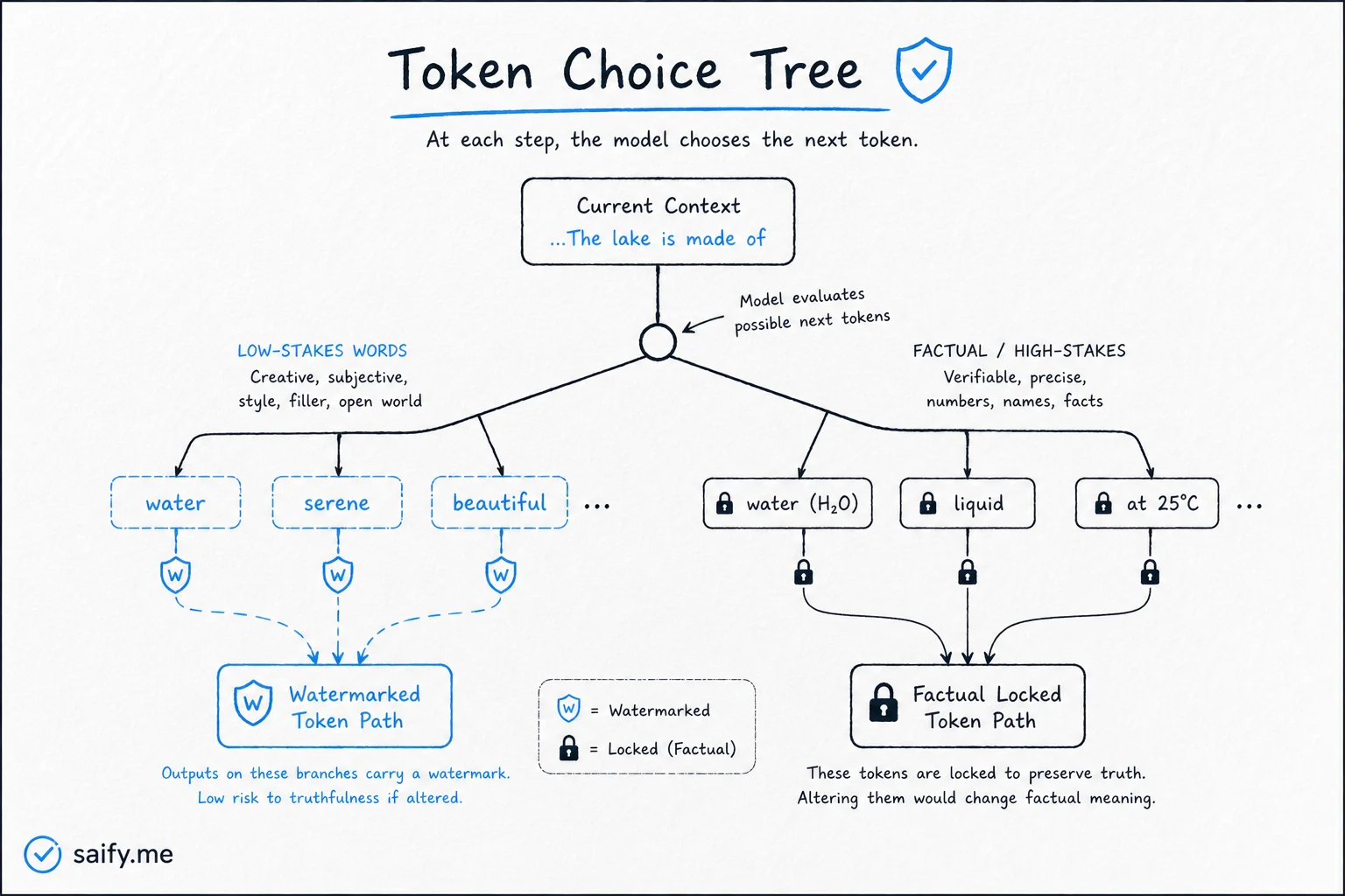 Diagram showing low-stakes word branches watermarked versus factual tokens locked to correct answers