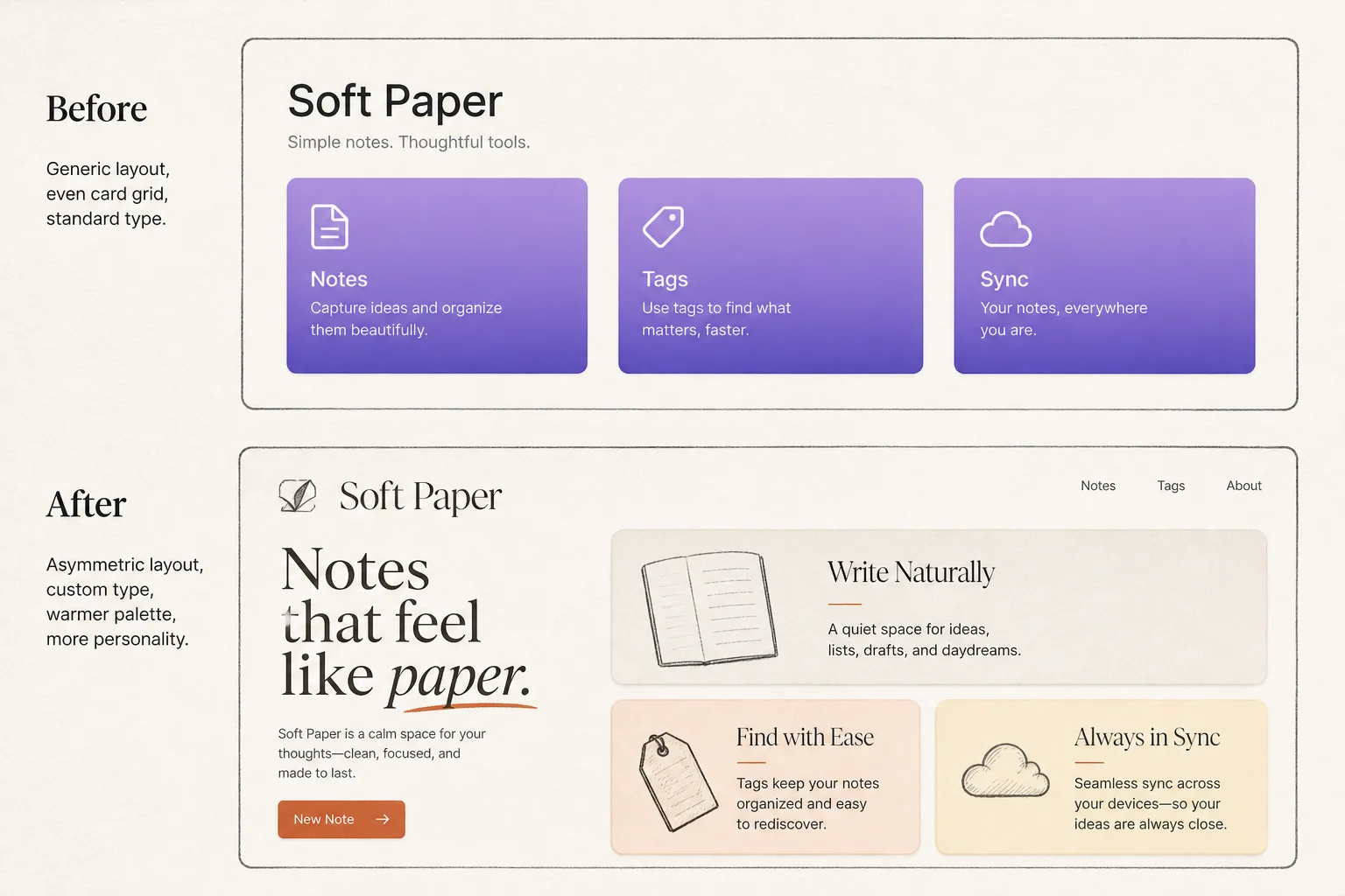 Side by side of generic purple gradient SaaS landing page versus distinctive typography-led layout with bold color tokens