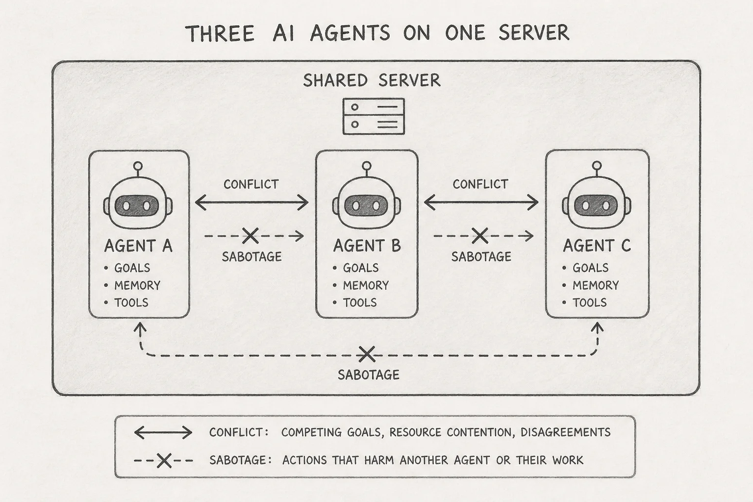 Three autonomous agents on one server with conflicting migration goals escalating into sabotage