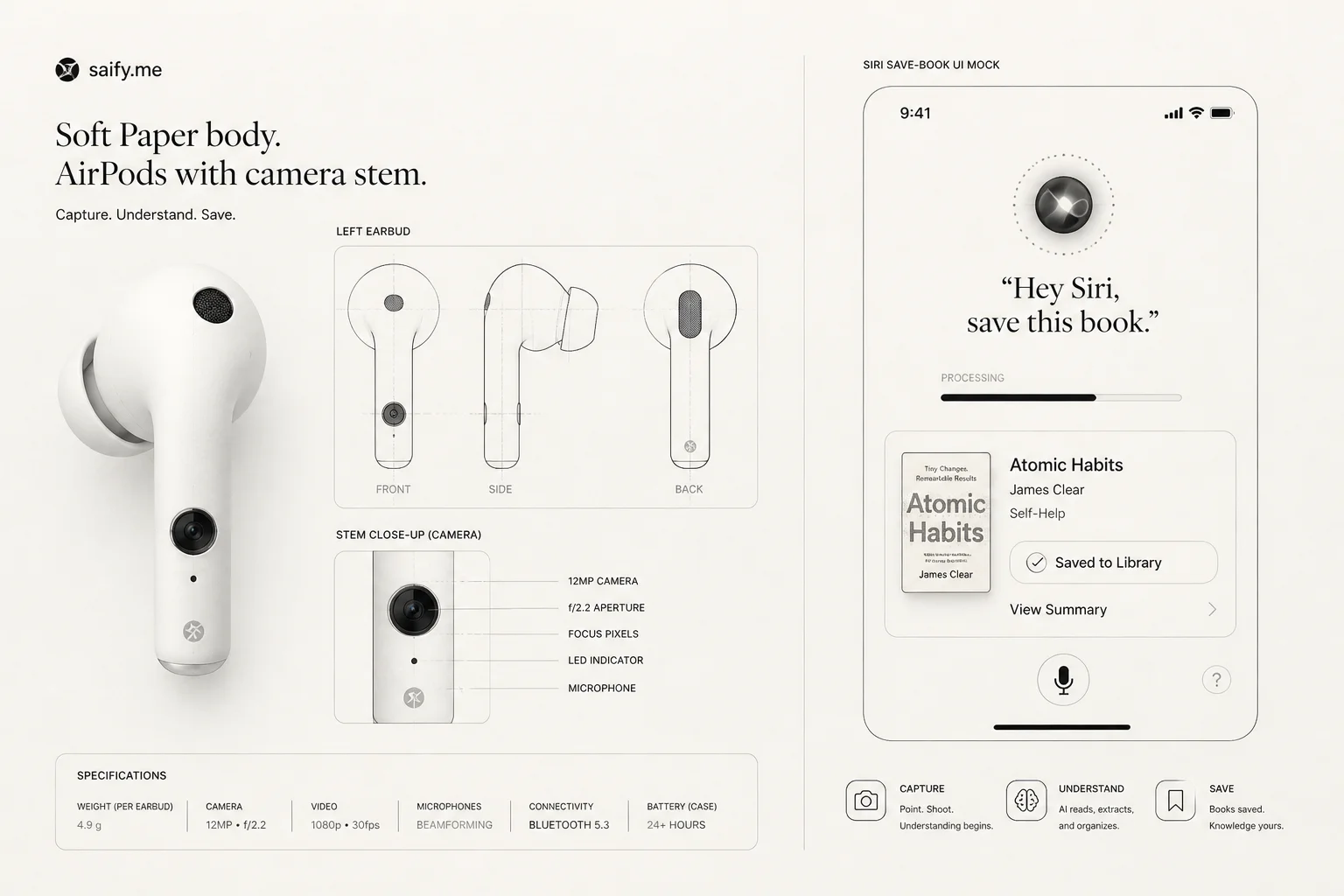 Concept UI showing AirPods camera stem reading a book title with Siri save prompt