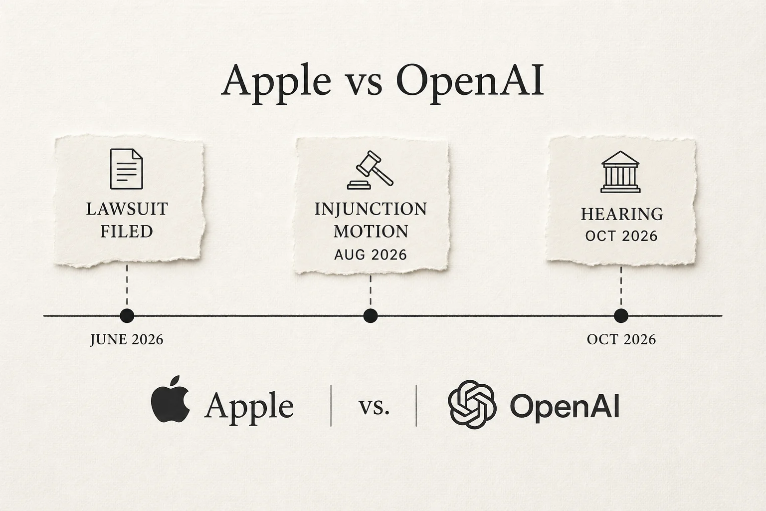 Timeline graphic of Apple versus OpenAI trade secrets case milestones from lawsuit filing through October 2026 hearing