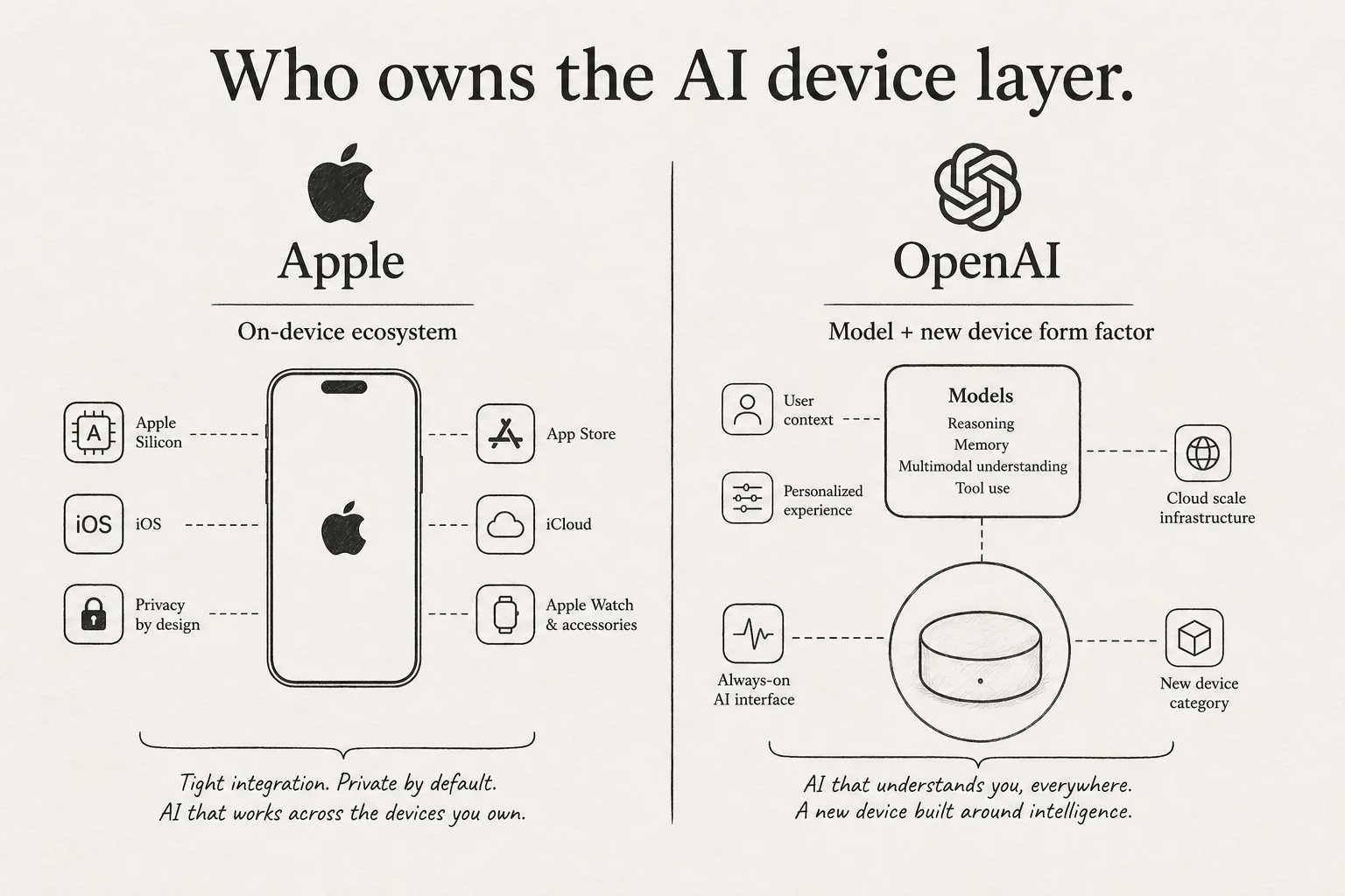 Soft Paper diagram comparing Apple's on-device ecosystem strategy with OpenAI model-plus-device strategy