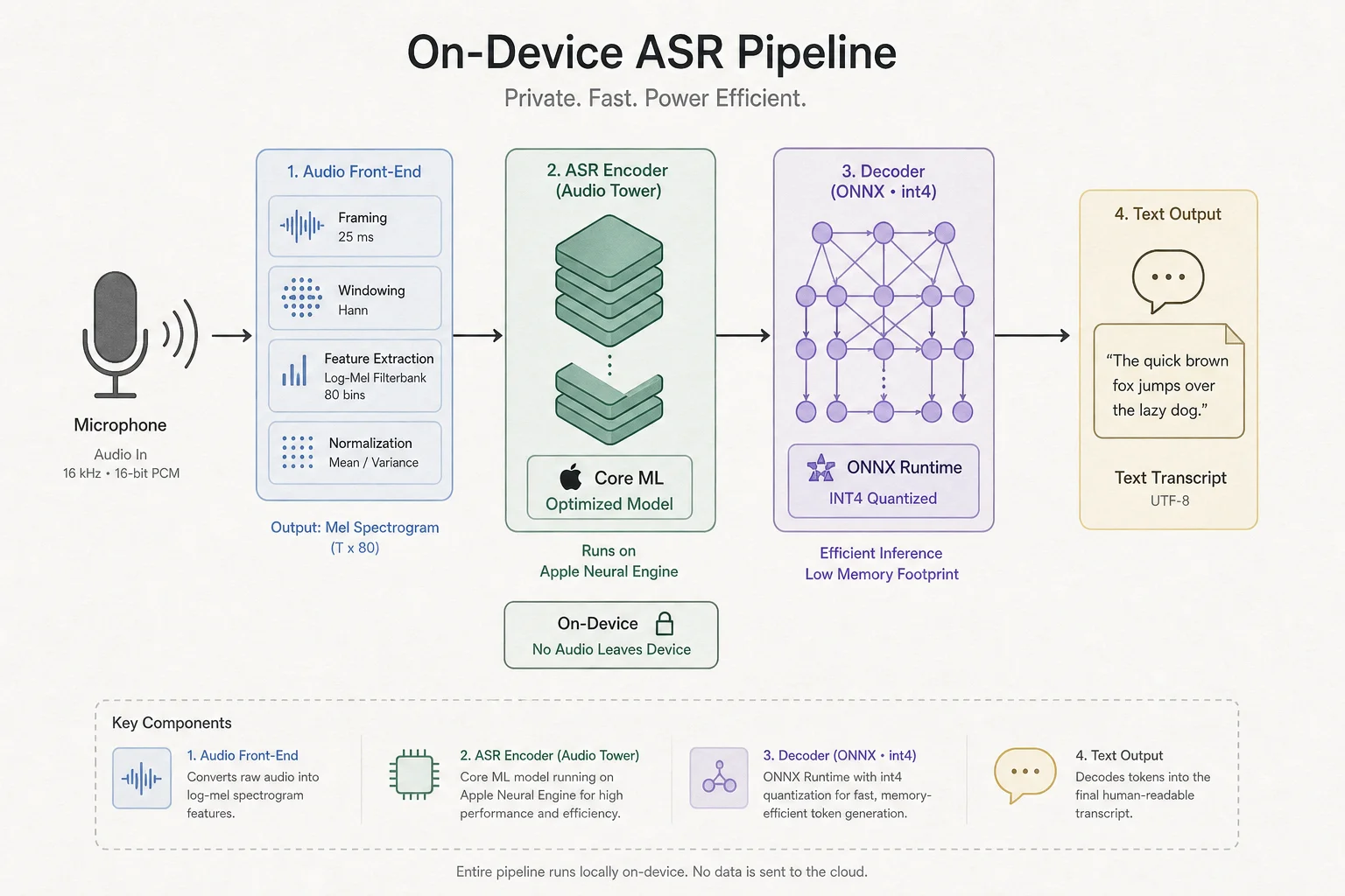 On-device Audio8 ASR pipeline with Core ML audio tower and ONNX int4 decoder
