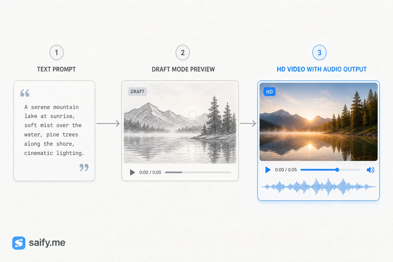 FLUX 3 Video pipeline from text prompt through draft mode to HD output with audio