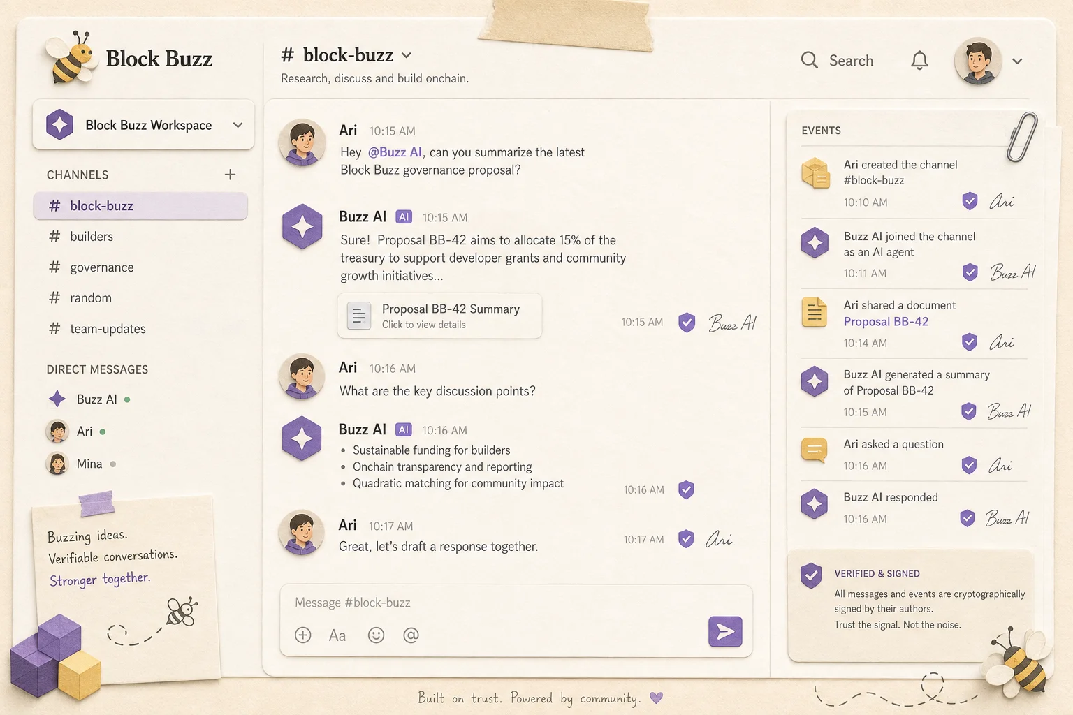 Buzz workspace showing humans and AI agents in the same channel with signed events
