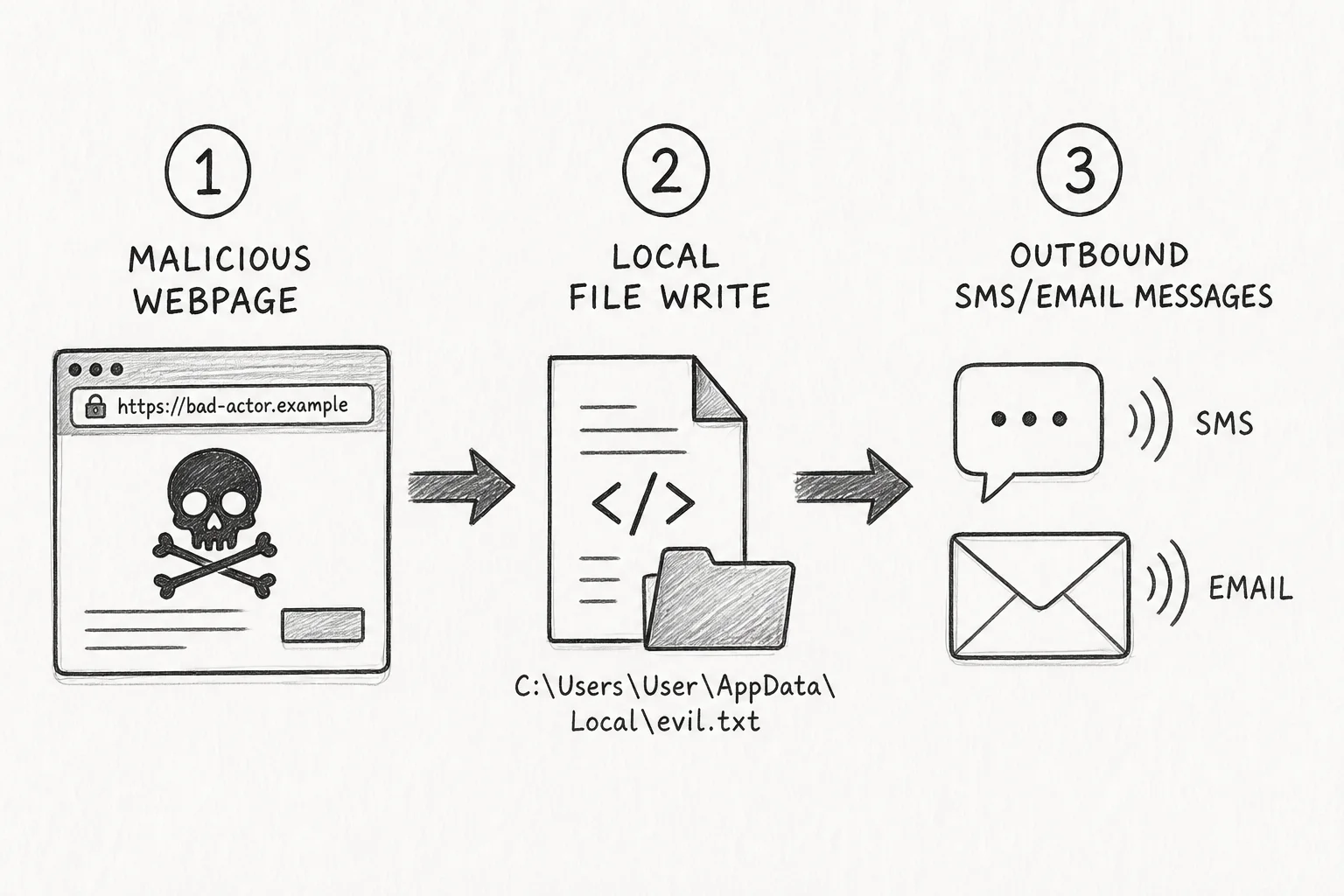 Three-phase attack chain: malicious webpage steers browse-capable agent from fetch to local file write to outbound messages