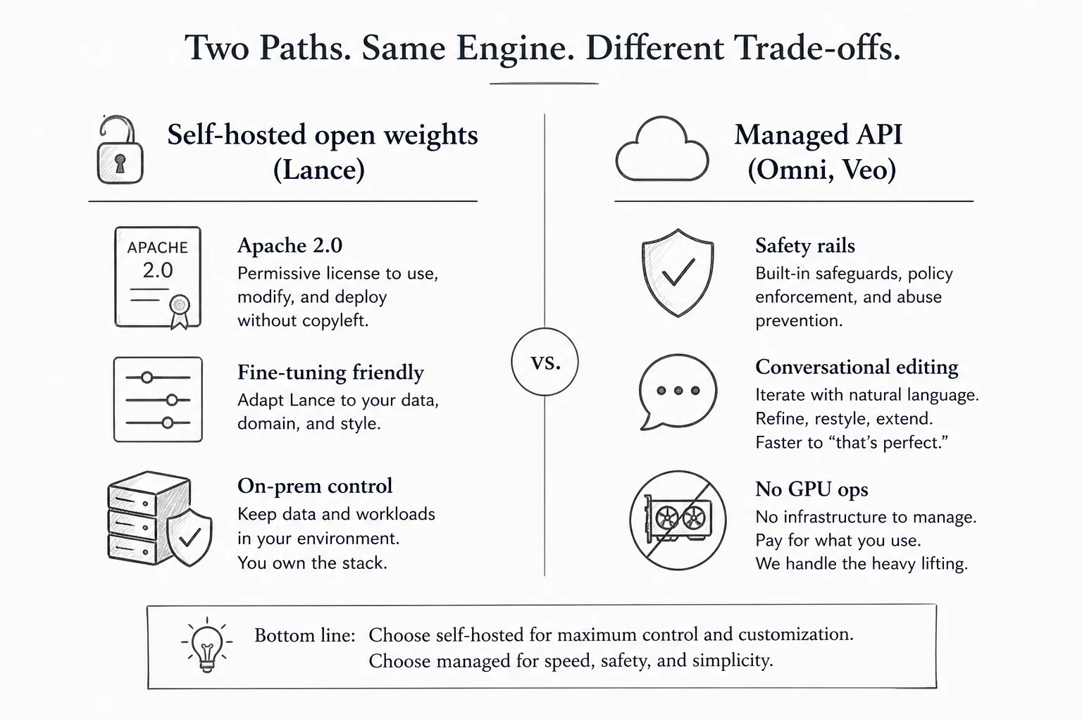 Self-hosted Lance versus managed API video stacks: control, licensing, and ops trade-offs