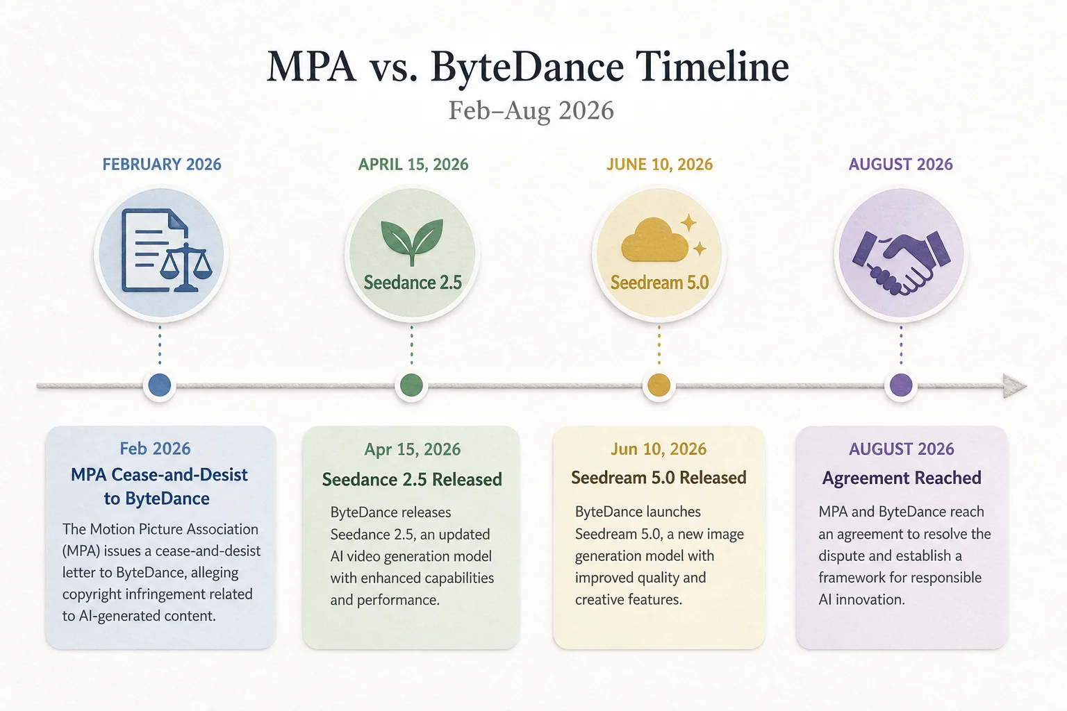 Timeline from February MPA cease-and-desist through Seedance 2.5 release to August agreement