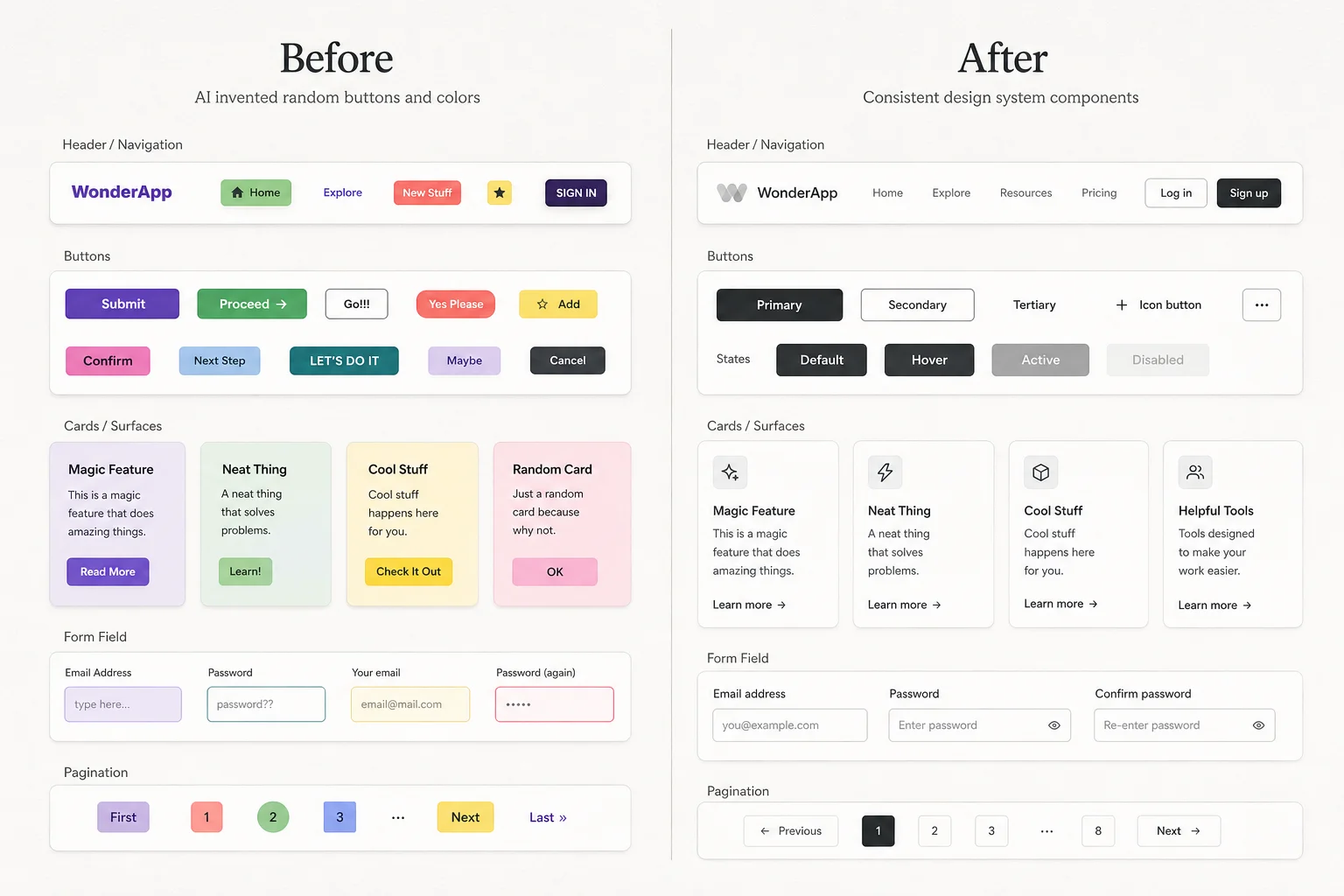 Before and after comparison of AI-generated UI without versus with imported design system components
