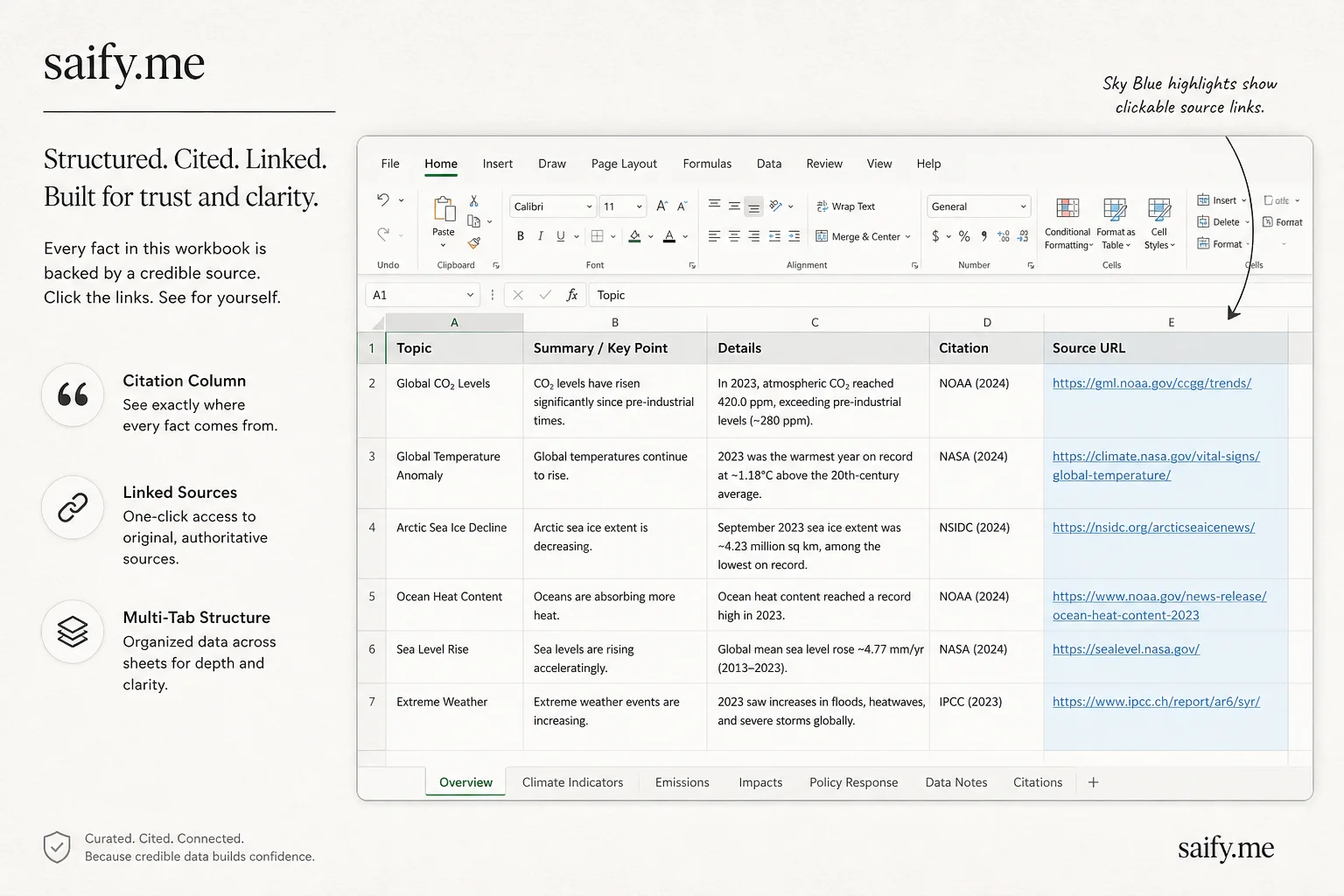 Excel workbook with multiple tabs, citation column, and highlighted source URLs in cells