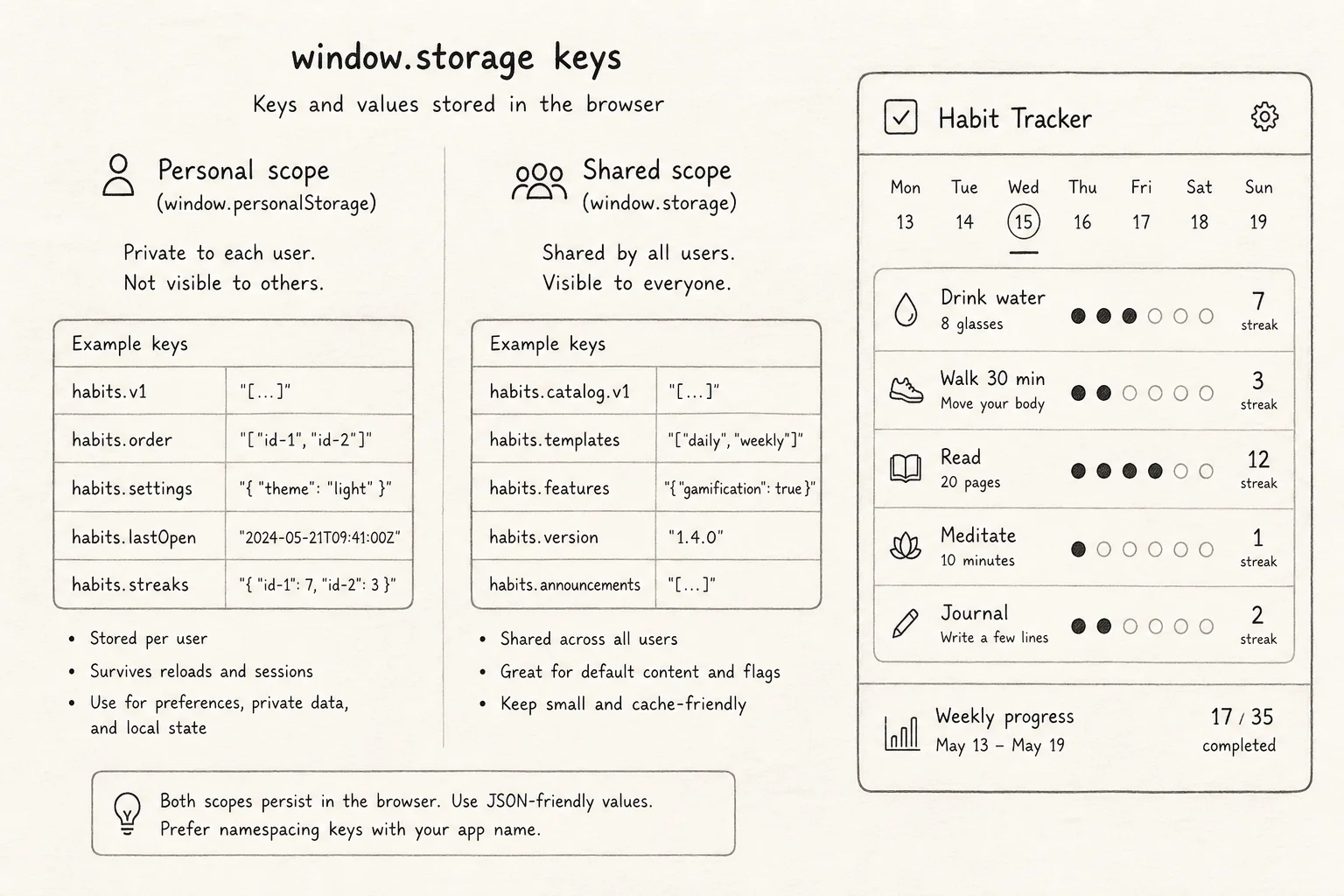 Diagram of Claude artifact storage scopes: personal versus shared keys via window.storage
