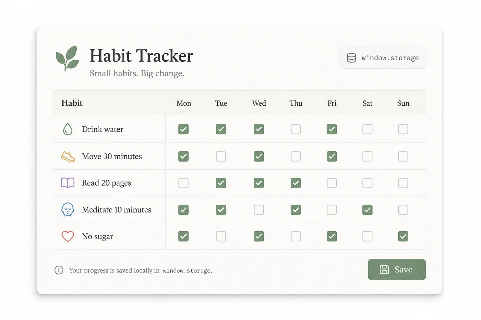 Example artifact UI mock: habit tracker reading and writing JSON via window.storage