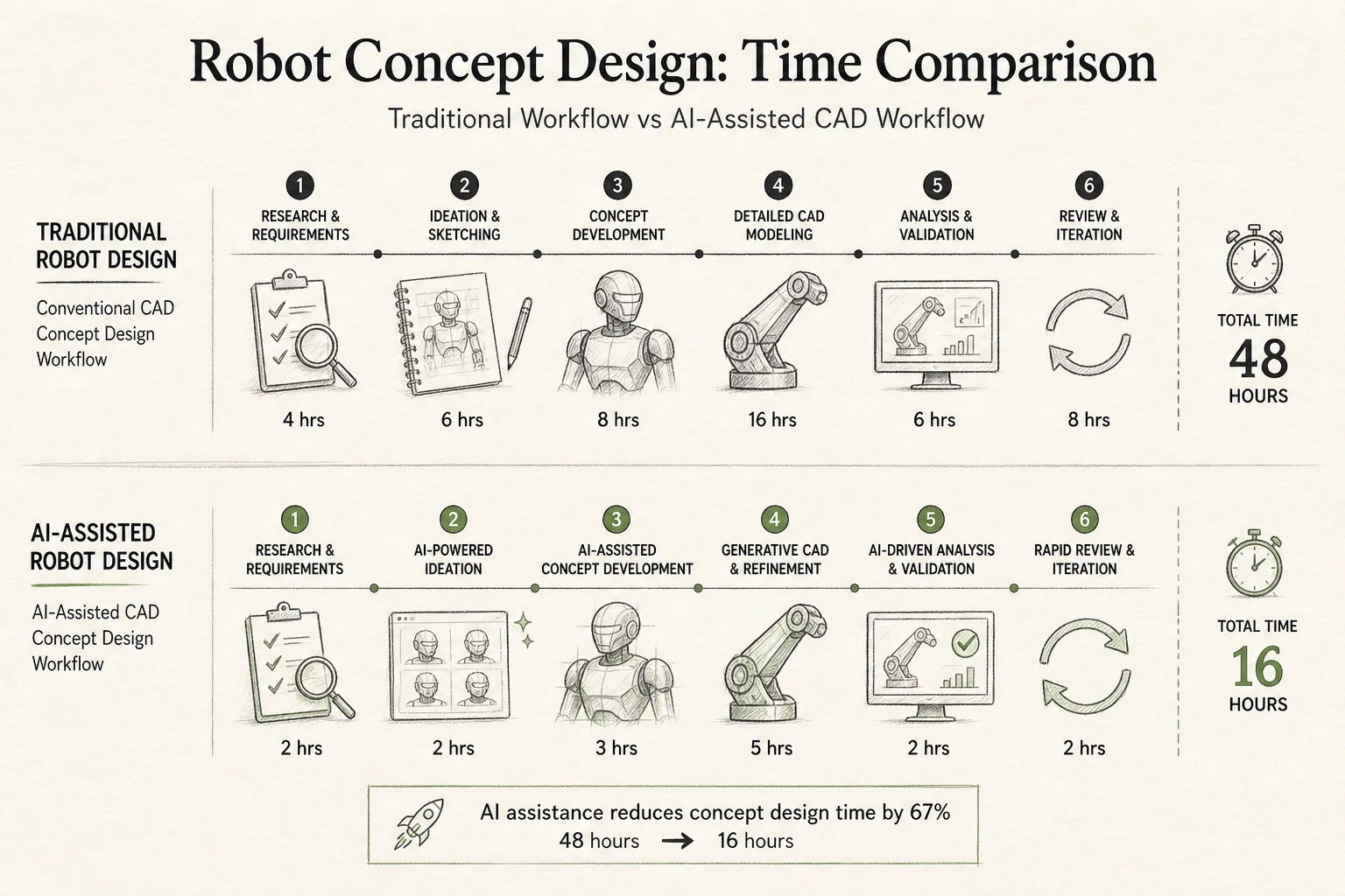 Timeline comparing traditional concept robot design phases versus AI-assisted CAD generation