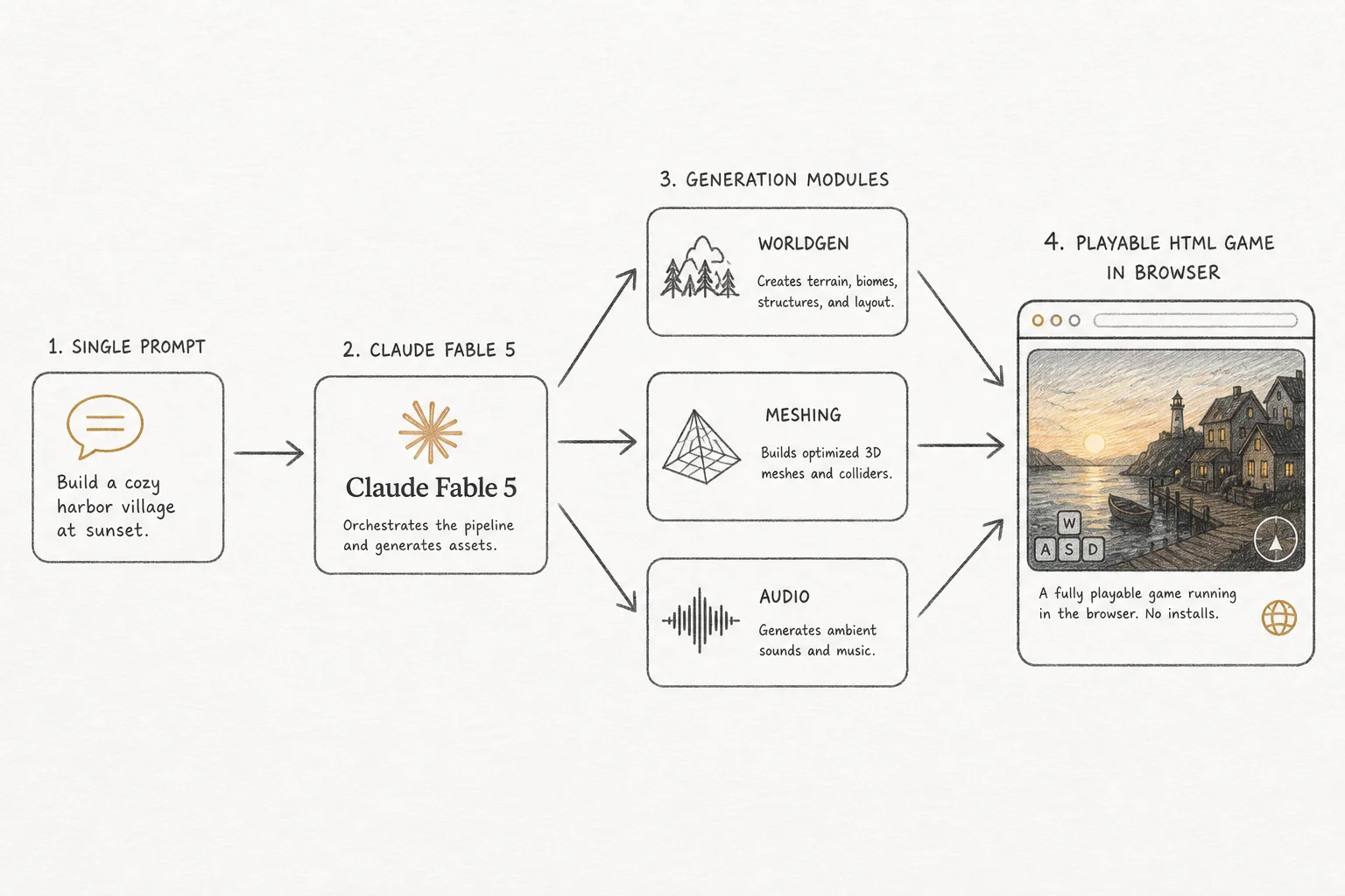 Soft Paper diagram of a browser Minecraft clone stack: prompt, Fable 5, Three.js modules, playable HTML