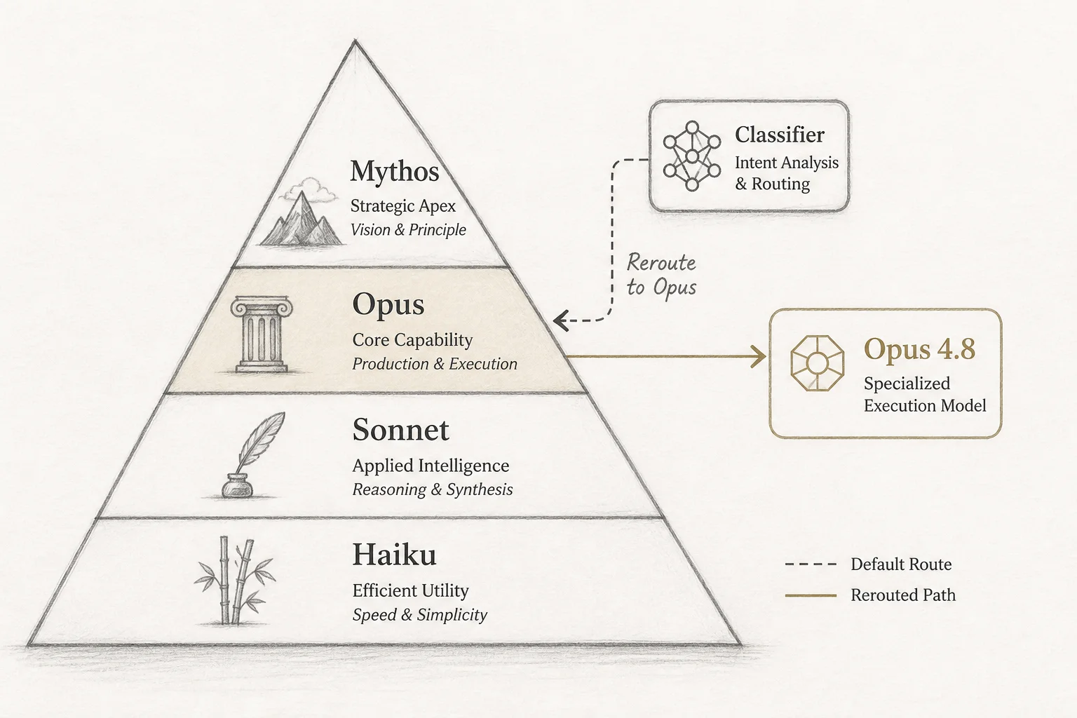 Diagram of Mythos tier above Opus with classifier reroute path to Opus 4.8