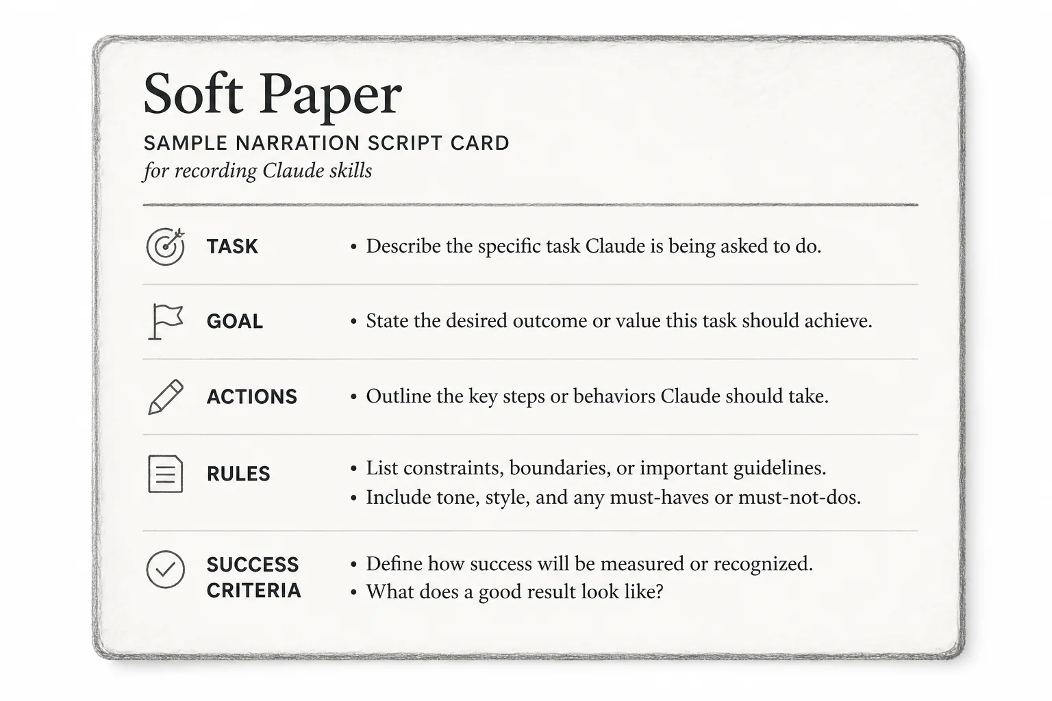 Sample narration script card for recording Claude Skills with goals, actions, and success criteria