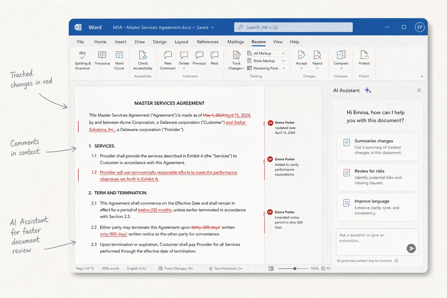 Soft Paper mockup of Microsoft Word with Claude sidebar reviewing a contract with tracked changes visible