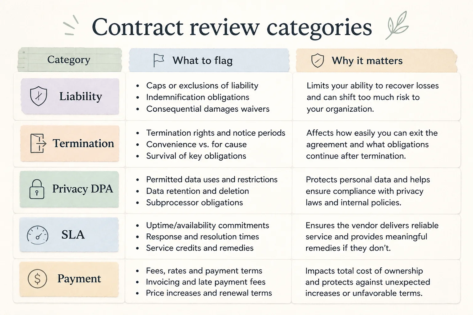 Checklist table for contract review categories: liability, termination, privacy, SLA, and payment terms