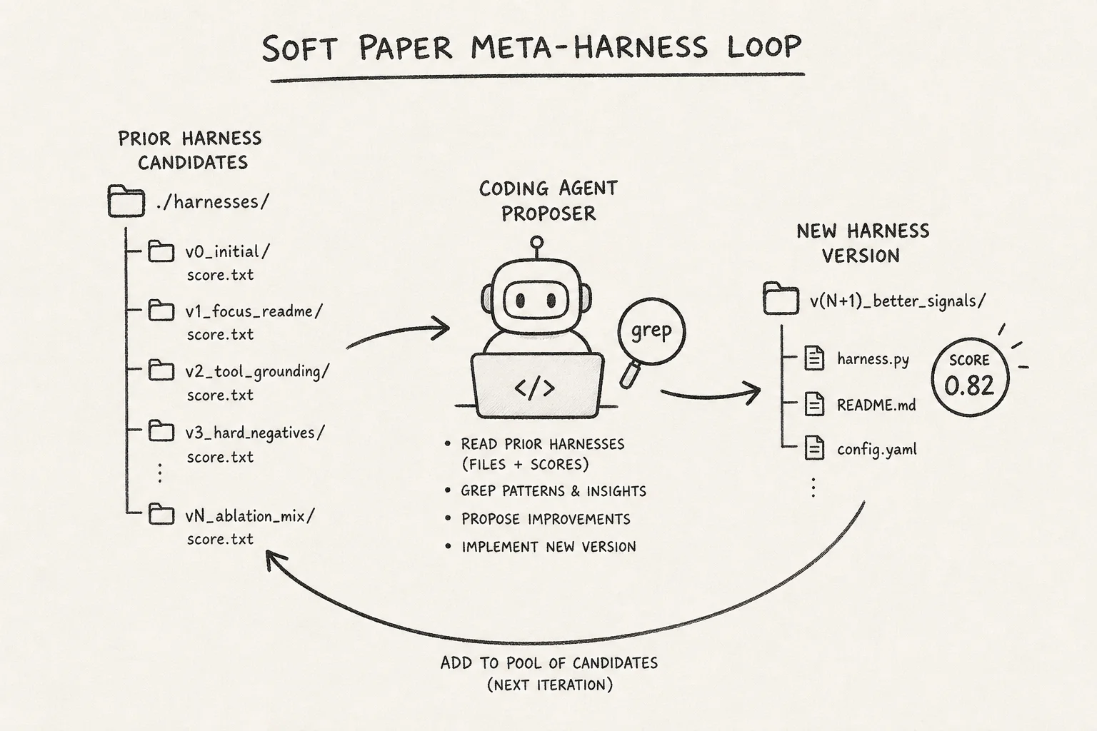 Meta-Harness search loop with filesystem of prior harness candidates and execution traces