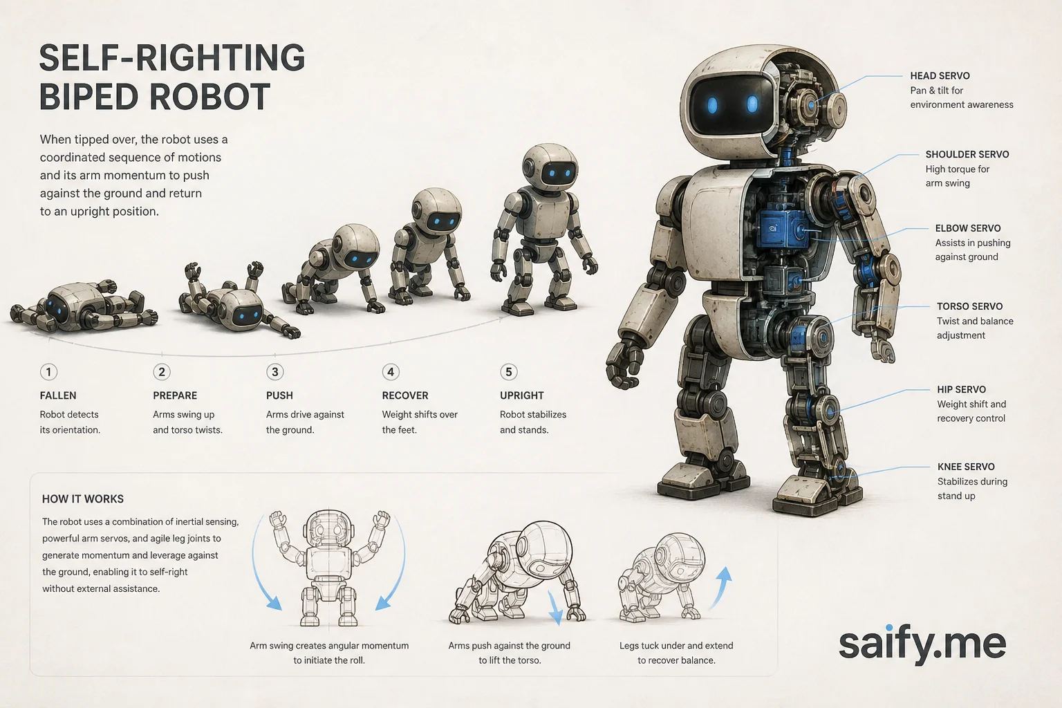 Small biped robot with two arms self-righting from a fallen position, showing servo-driven recovery
