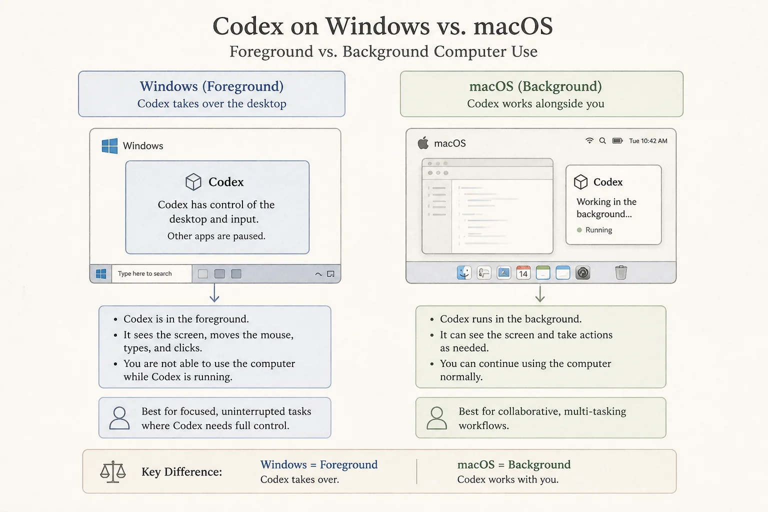 Diagram comparing Windows foreground computer use versus macOS background flexibility for Codex